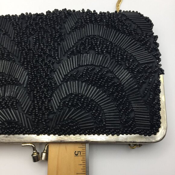 Vintage Handmade Hong Kong Black Silk Beaded Purse Prom Evening Bag Gold Chain - Picture 10 of 10